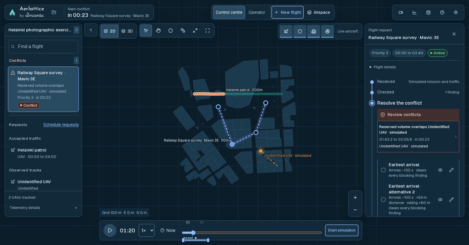 Exercice d’Helsinki en 2D dans Aerlattice, avec des routes de vol, un conflit et des solutions de rechange