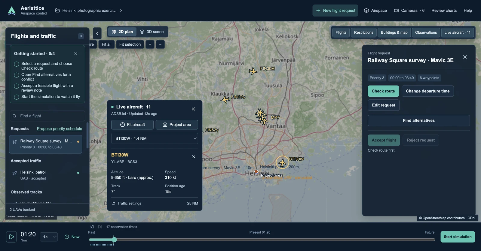 Aerlattice’s 2D planning view with flight review controls and an aircraft detail panel